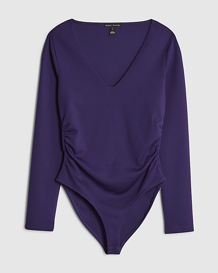 Purple Long Sleeve V Neck Ruched Bodysuit