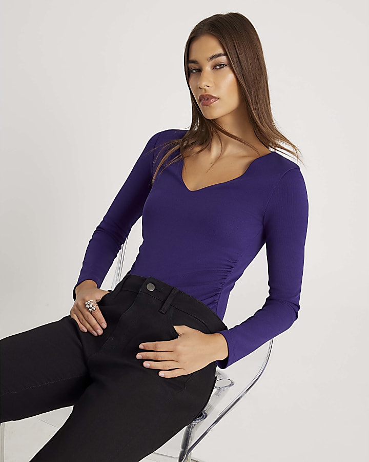 Purple Long Sleeve V Neck Ruched Bodysuit