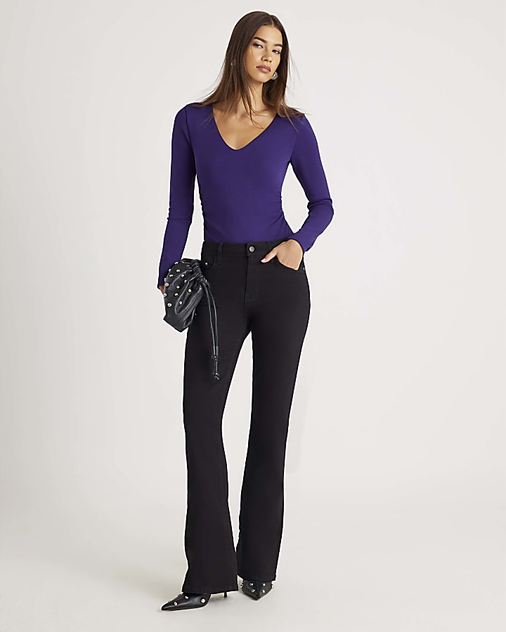 Purple Long Sleeve V Neck Ruched Bodysuit