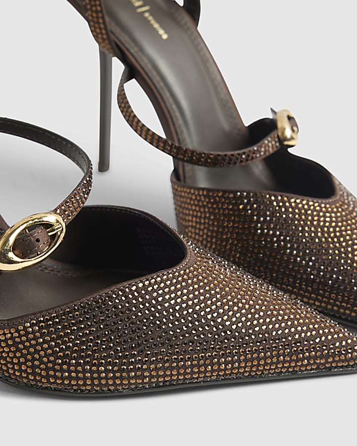 Brown Asymmetric Strap Diamante Court Heels