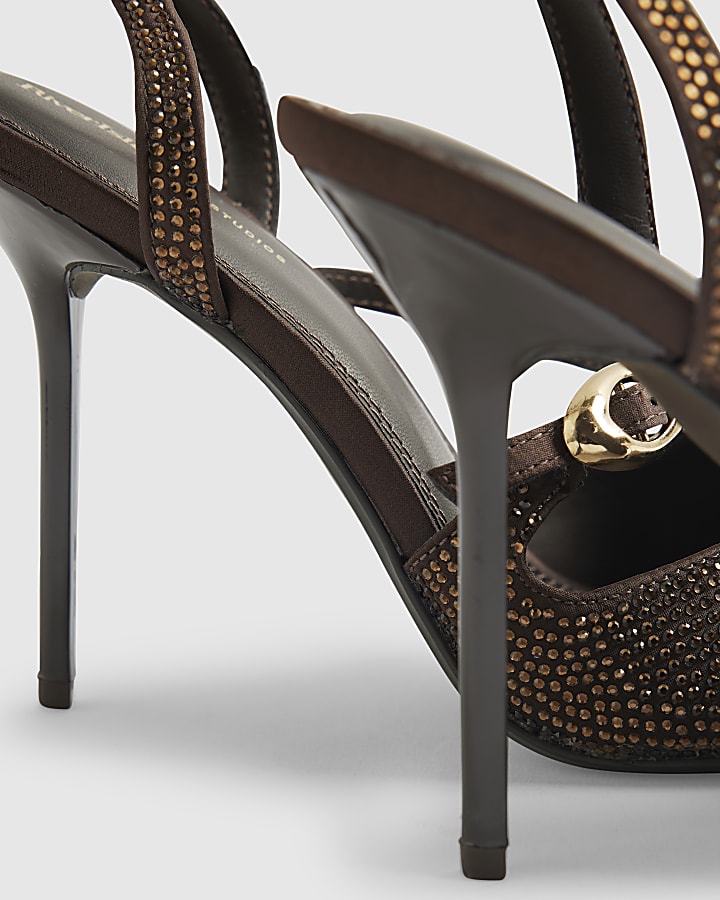 Brown Asymmetric Strap Diamante Court Heels