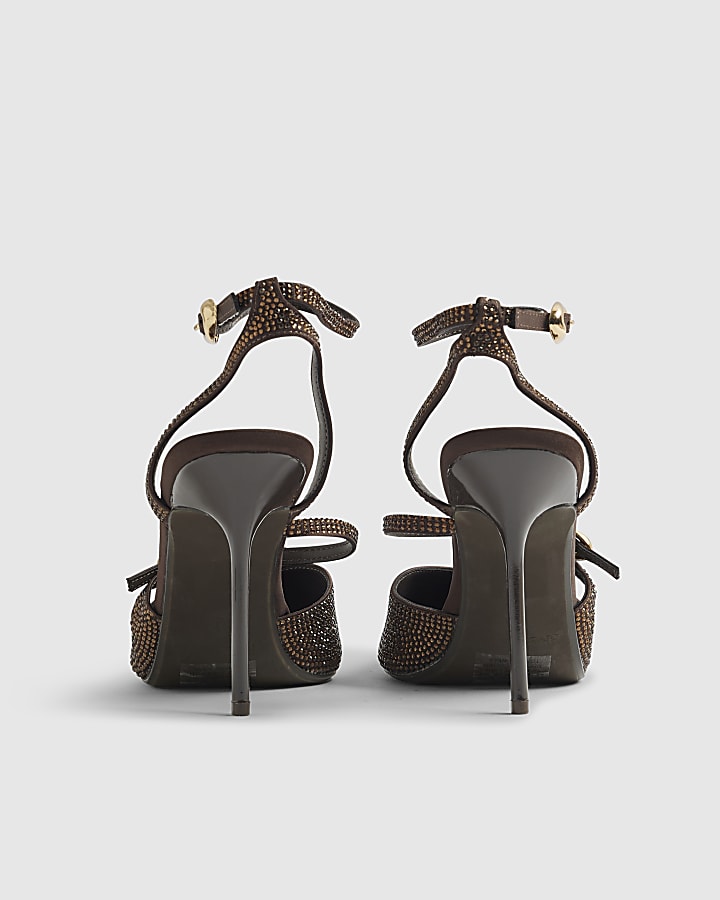 Brown Asymmetric Strap Diamante Court Heels
