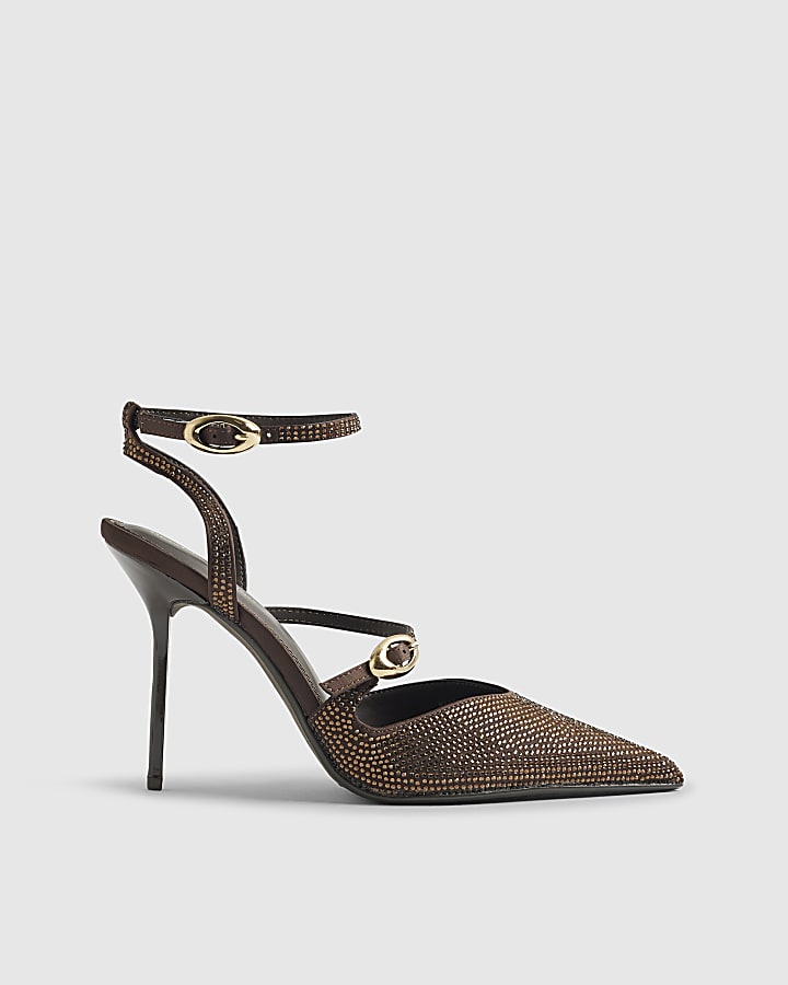 Brown Asymmetric Strap Diamante Court Heels