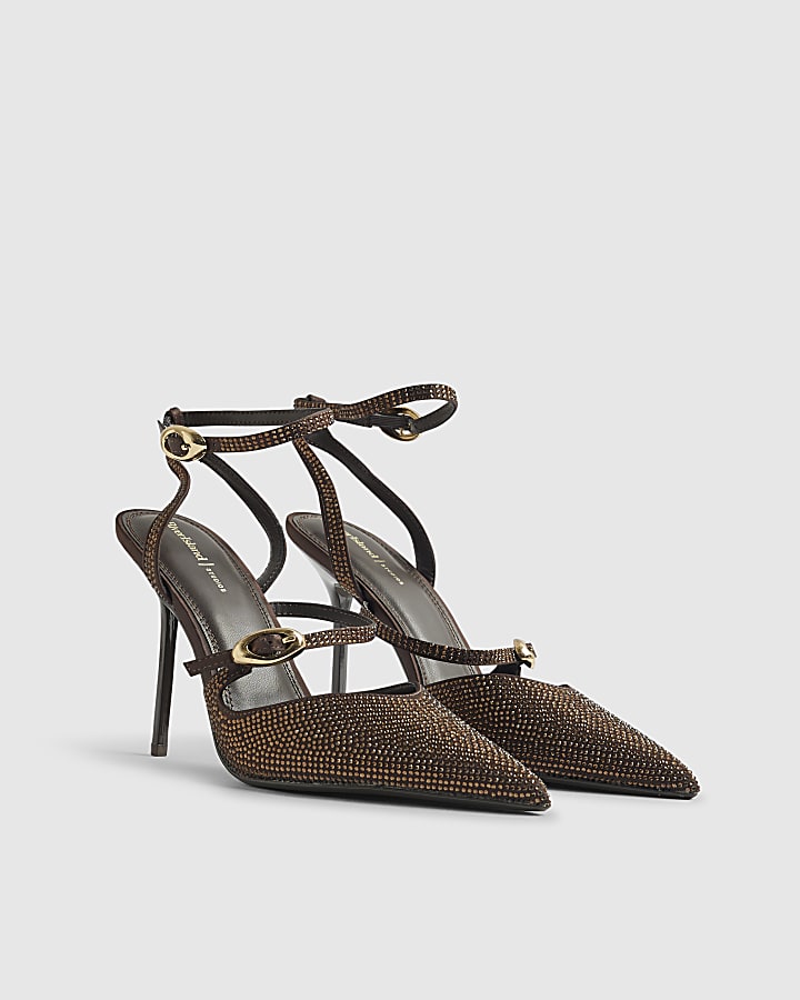 Brown Asymmetric Strap Diamante Court Heels