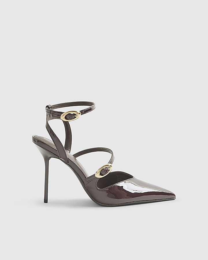 Red Asymmetric Strap Heeled Court Shoes