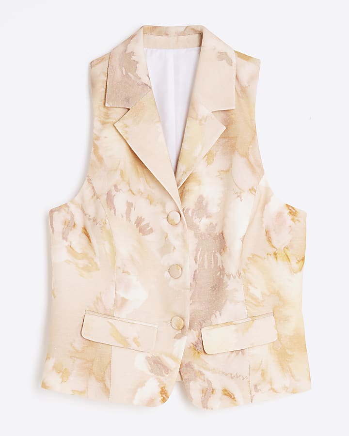Pink Linen Blend Collared Waistcoat Top