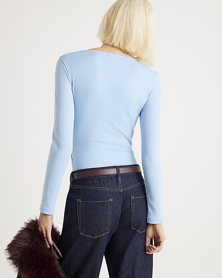 Blue Long Sleeve V Neck Ruched Side Bodysuit