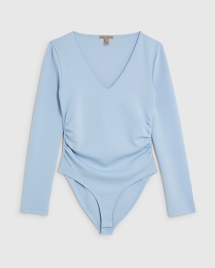Blue Long Sleeve V Neck Ruched Side Bodysuit