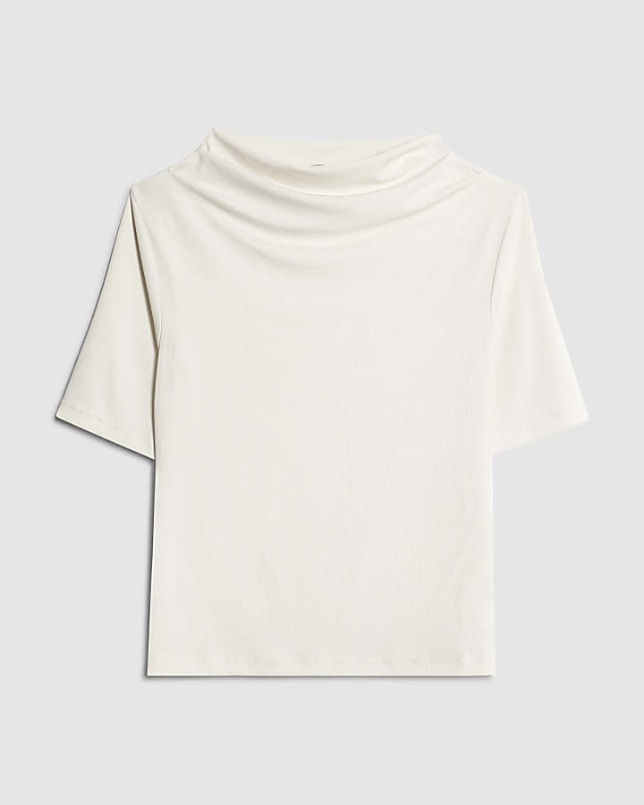 Cream Short Sleeve High Neck Drape Top