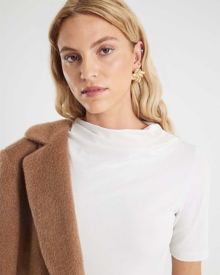 Cream Short Sleeve High Neck Drape Top