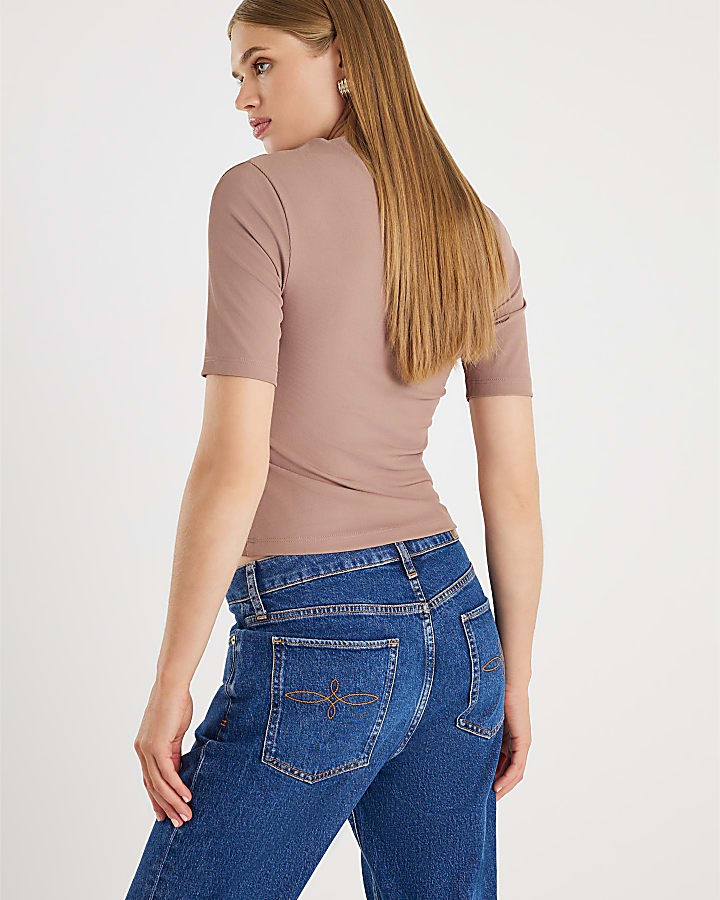 Beige Short Sleeve High Neck Drape Top