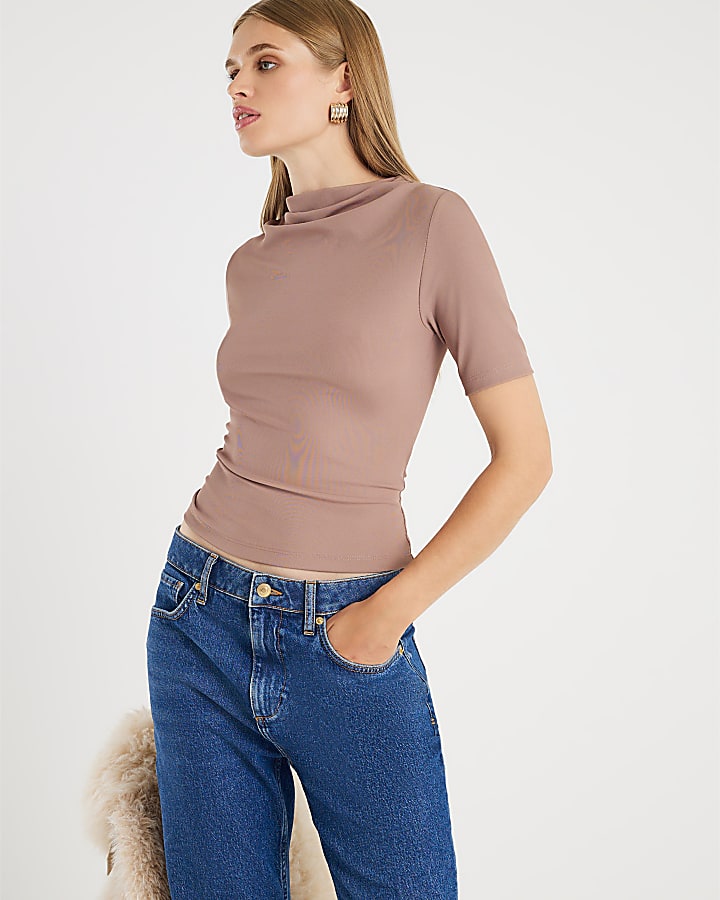 Beige Short Sleeve High Neck Drape Top