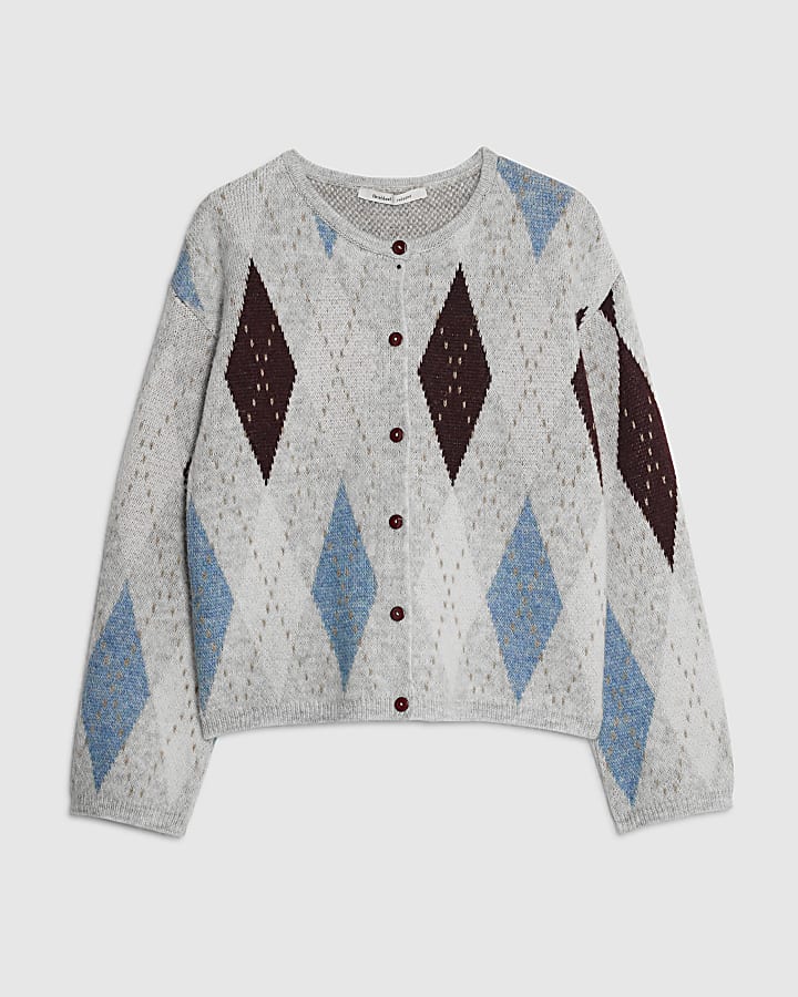 Grey Knitted Argyle Print Cardigan