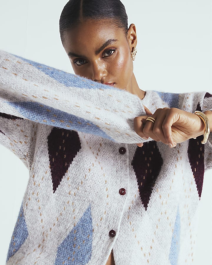 Grey Knitted Argyle Print Cardigan