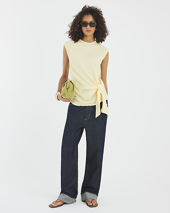Yellow Short Sleeve Textured Tie Side Top