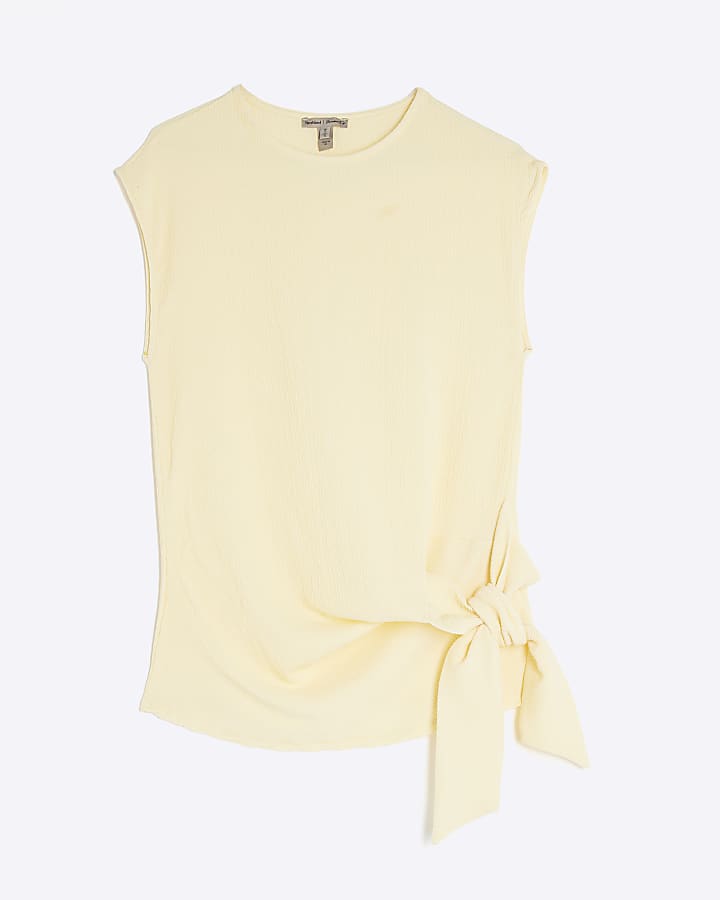 Yellow Short Sleeve Textured Tie Side Top