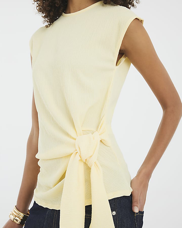 Yellow Short Sleeve Textured Tie Side Top