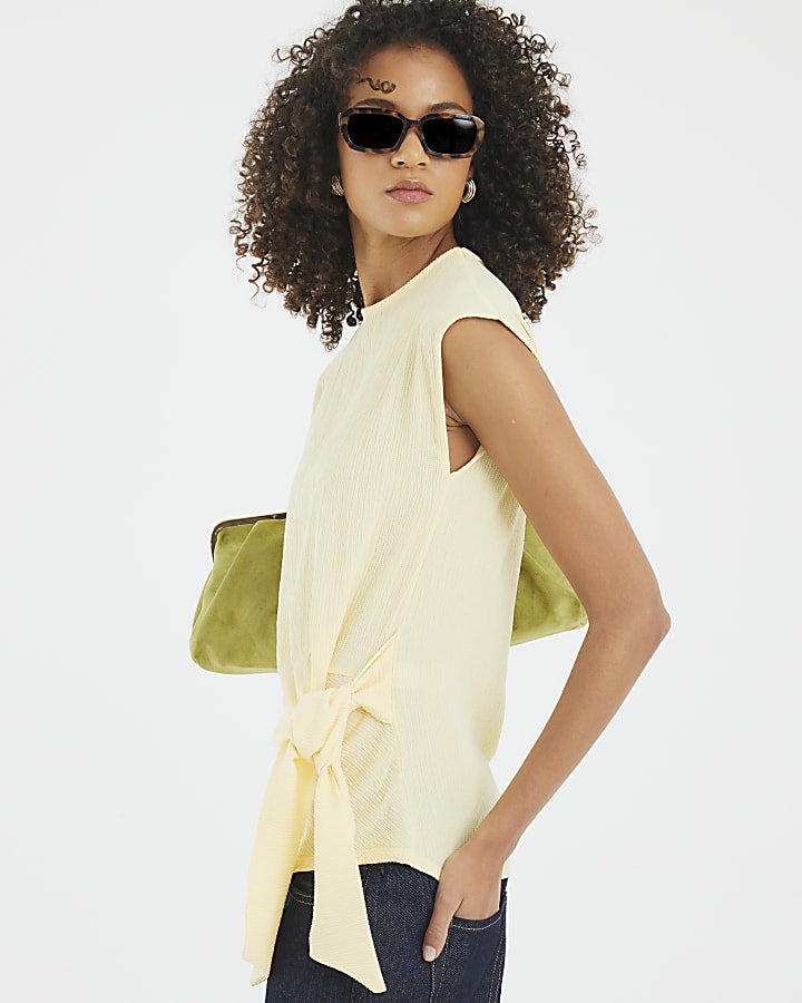 Yellow Short Sleeve Textured Tie Side Top