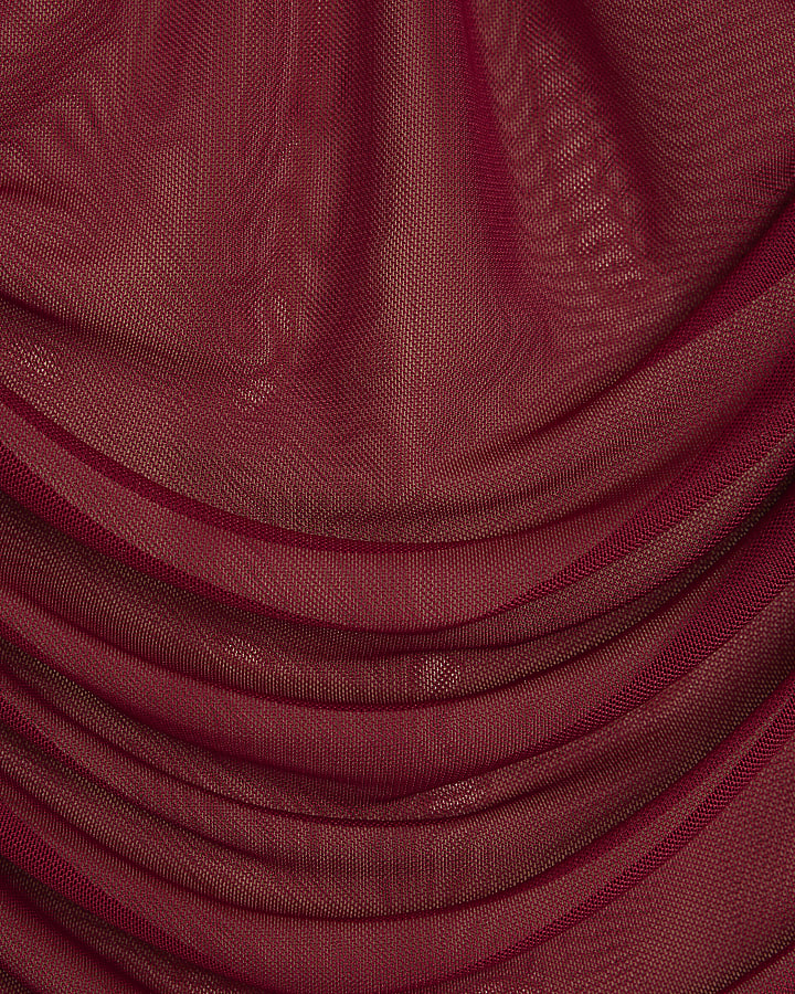 Red Long Sleeve Ruched Mesh Bardot Top