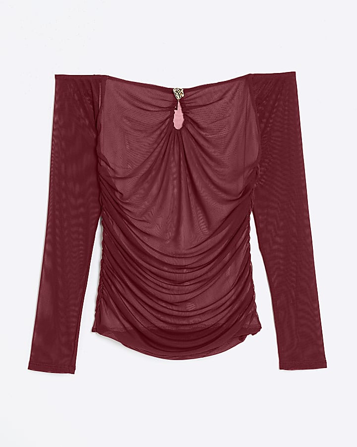 Red Long Sleeve Ruched Mesh Bardot Top