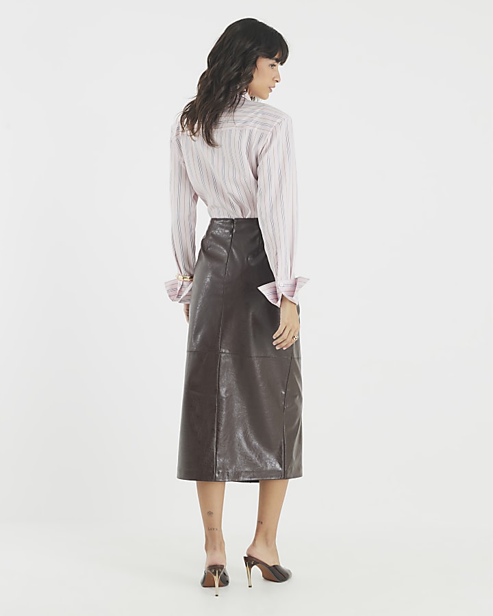 Brown Faux Leather Square Button Midi Skirt