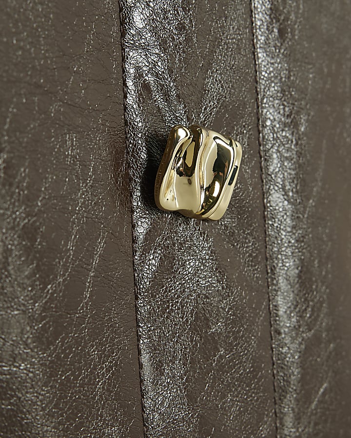 Brown Faux Leather Square Button Midi Skirt