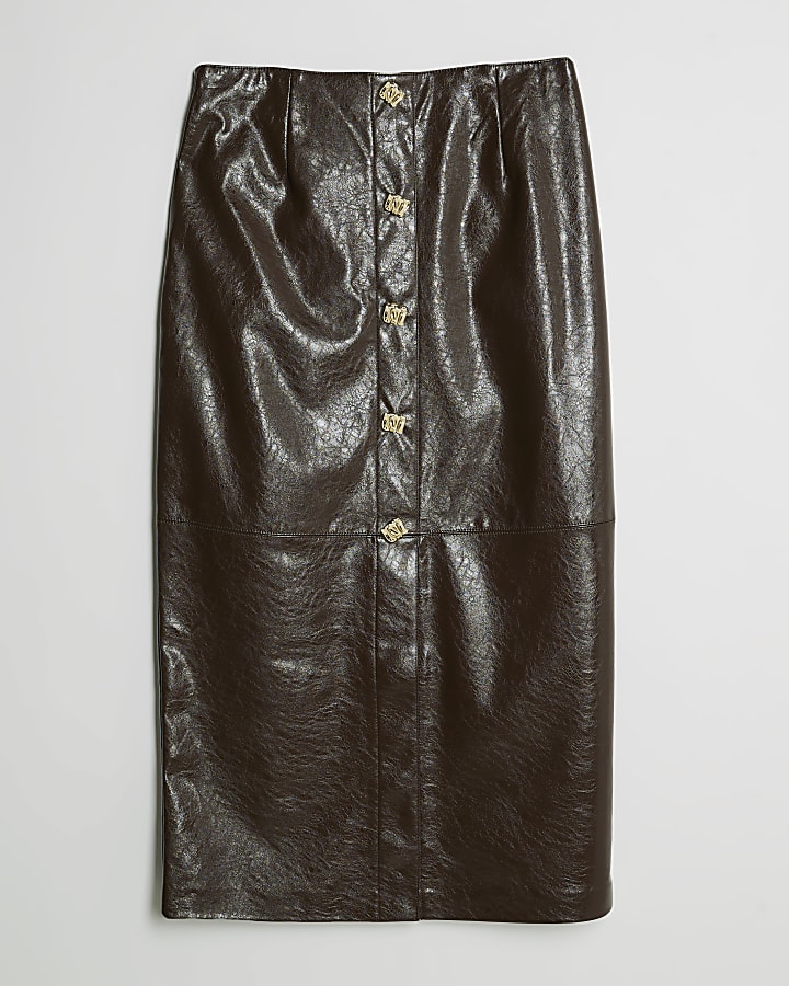 Brown Faux Leather Square Button Midi Skirt