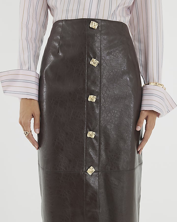 Brown Faux Leather Square Button Midi Skirt
