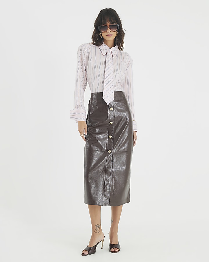 Brown Faux Leather Square Button Midi Skirt