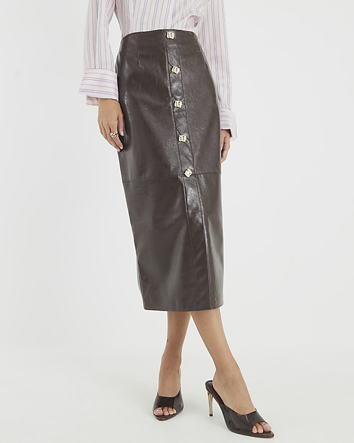 Brown Faux Leather Square Button Midi Skirt