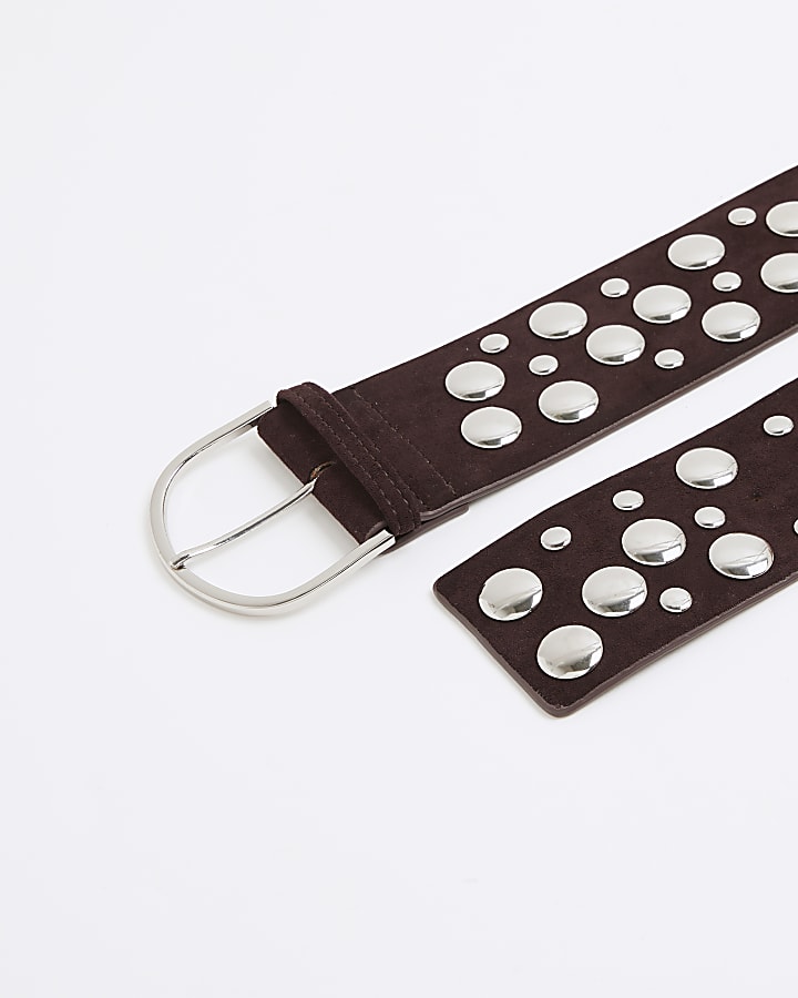 Brown Faux Suede Studded Waist Belt