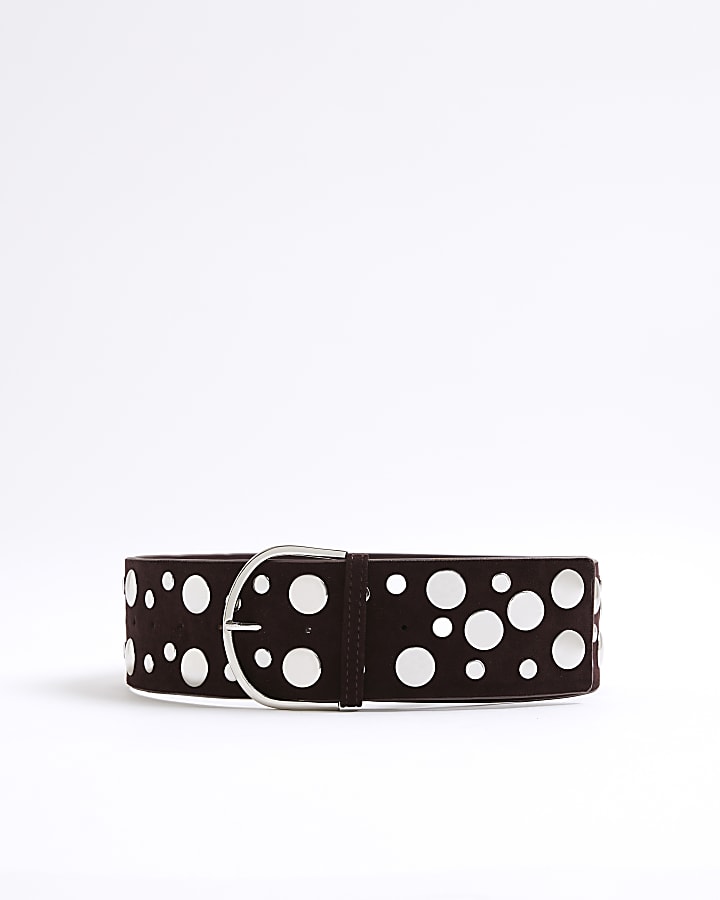 Brown Faux Suede Studded Waist Belt