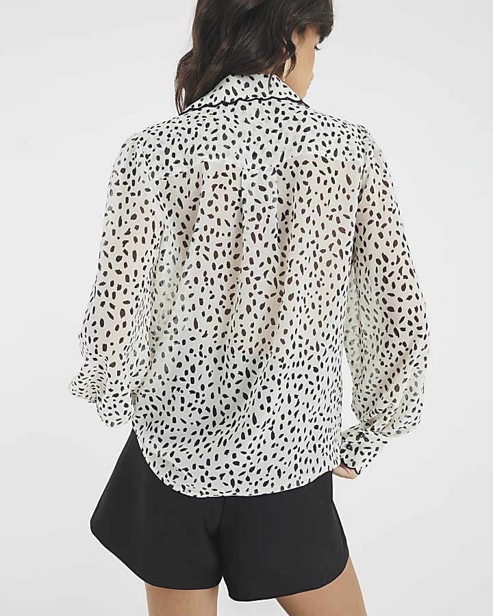 Cream Chiffon Spot Print Scallop Trim Shirt