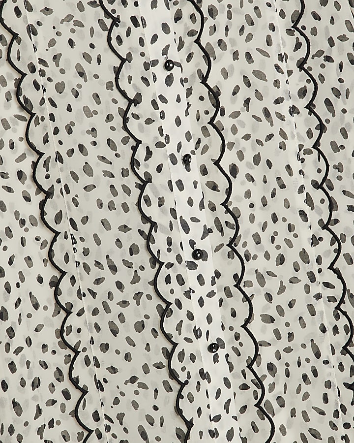 Cream Chiffon Spot Print Scallop Trim Shirt