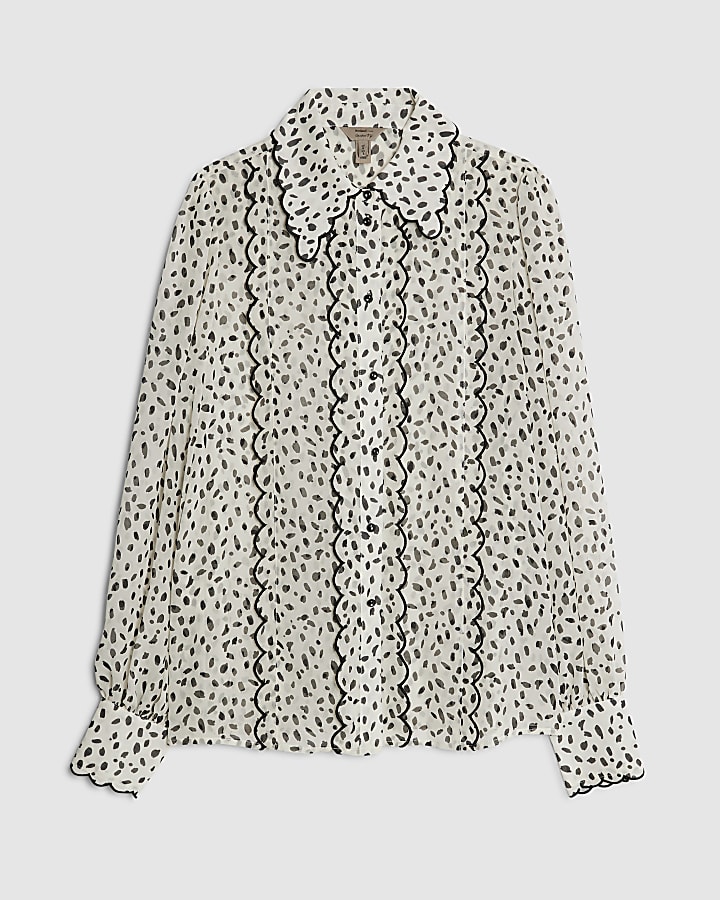 Cream Chiffon Spot Print Scallop Trim Shirt