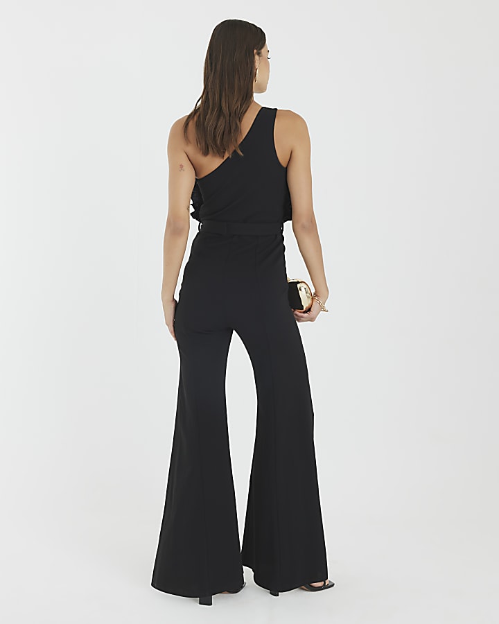 Black 3D Ruffle Belted One Shoulder Jumpsuit