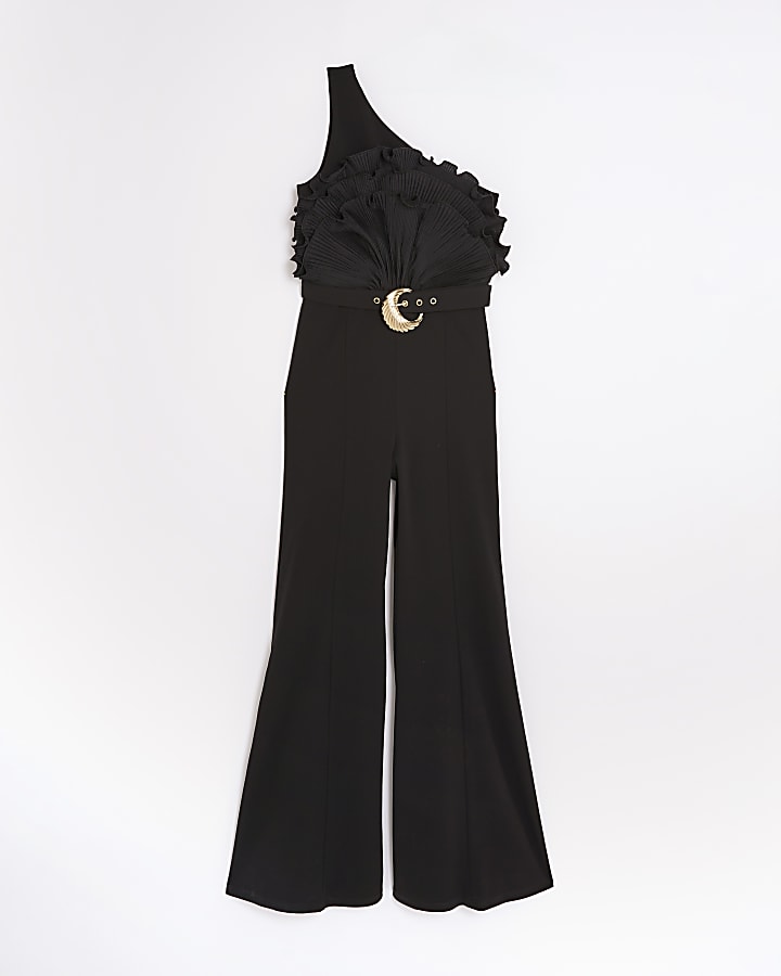 Black 3D Ruffle Belted One Shoulder Jumpsuit