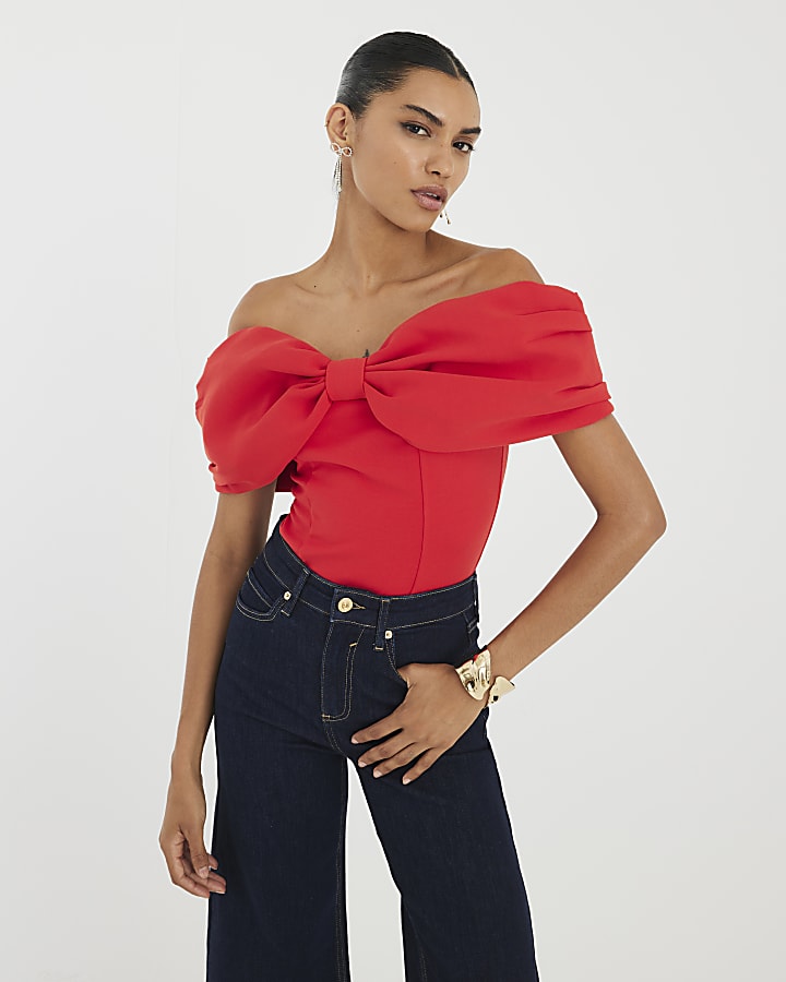 Red 3D Bow Bardot Top
