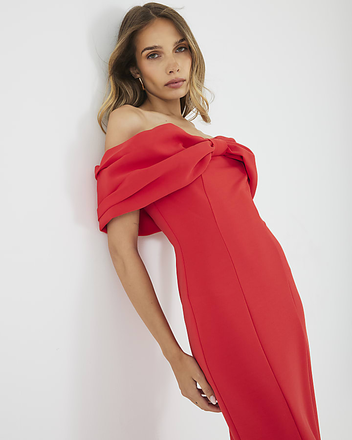 Red Bardot Bow Detail Bodycon Midi Dress
