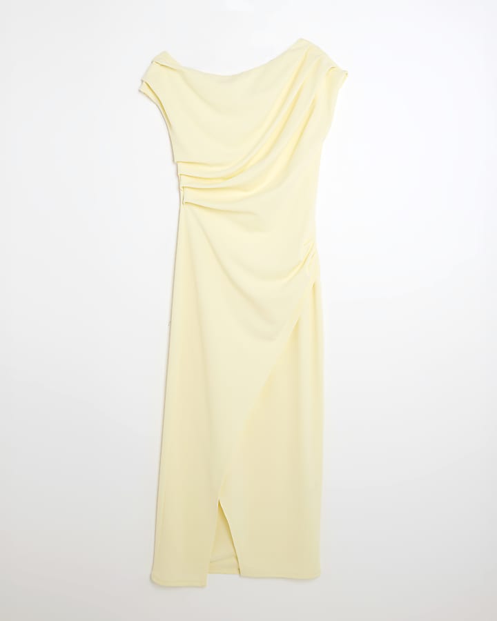 Yellow Asymmetric Draped Wrap Midi Dress