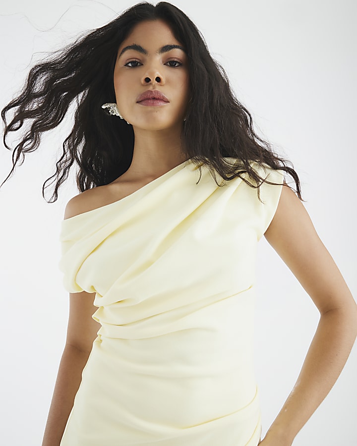 Yellow Asymmetric Draped Wrap Midi Dress