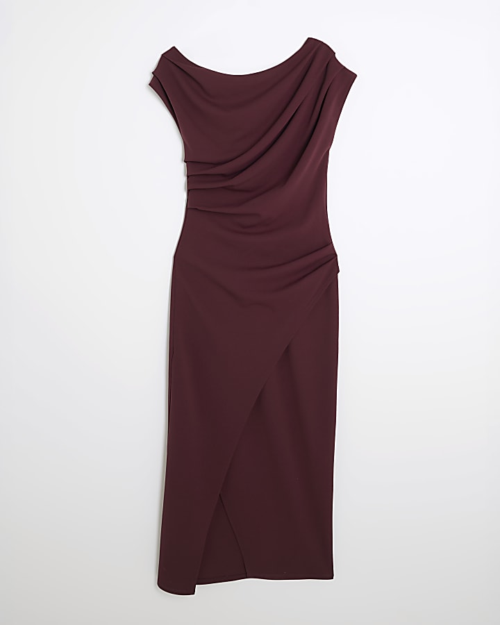 Purple Asymmetric Draped Wrap Midi Dress