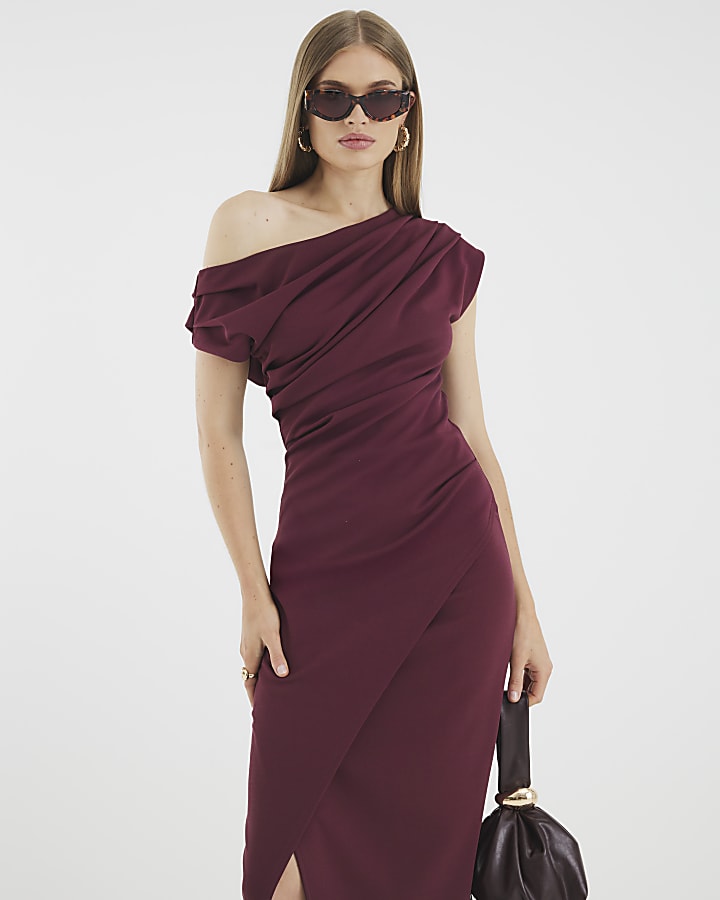 Purple Asymmetric Draped Wrap Midi Dress