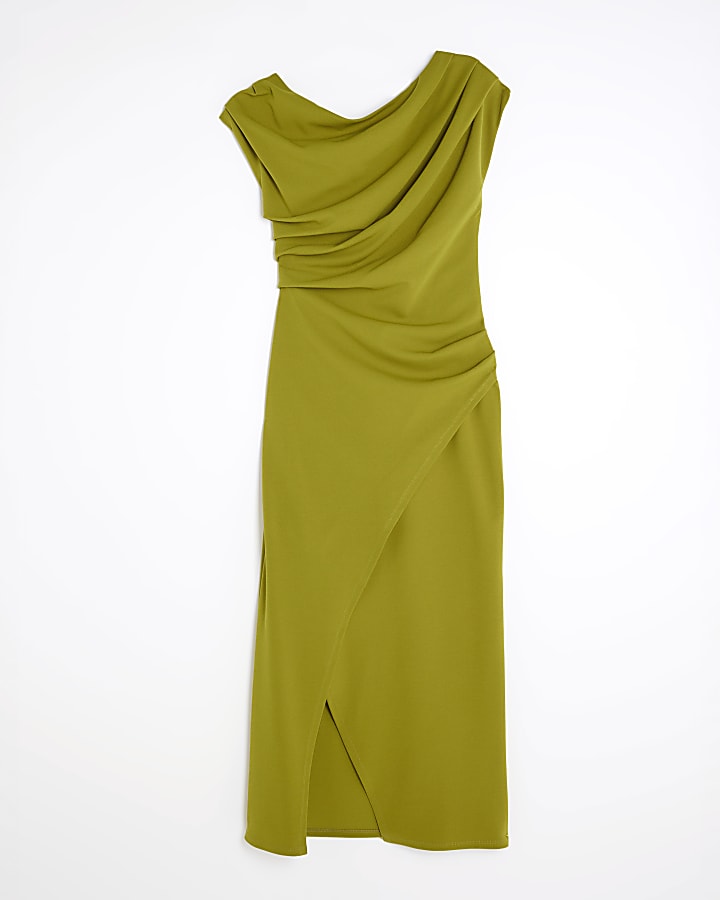 Green Asymmetric Draped Wrap Midi Dress