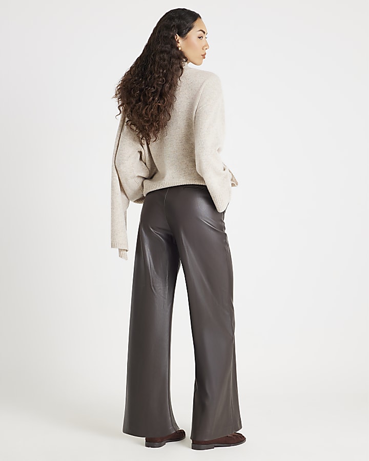 Brown Faux Leather Belted Wide Leg Trousers