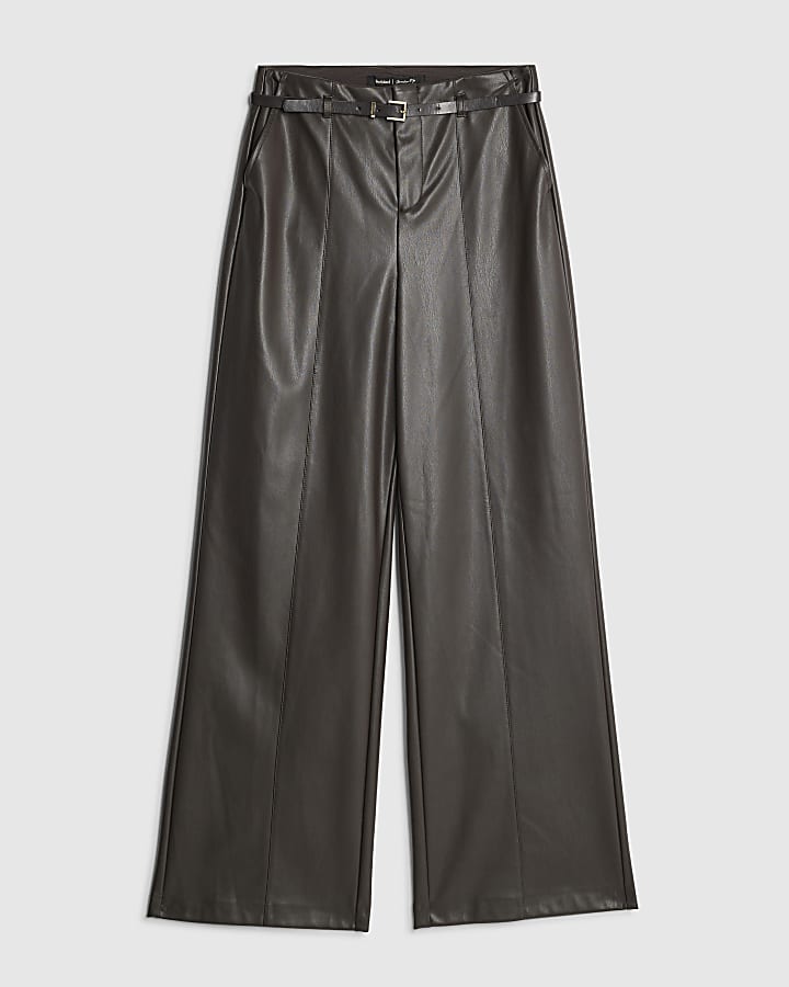 Brown Faux Leather Belted Wide Leg Trousers