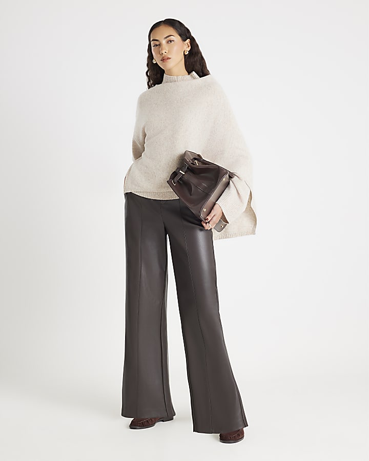 Brown Faux Leather Belted Wide Leg Trousers
