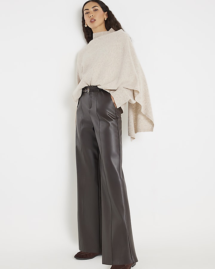 Brown Faux Leather Belted Wide Leg Trousers
