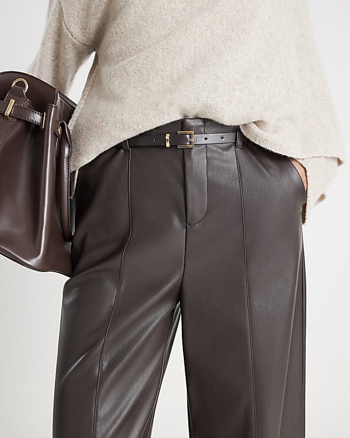 Brown Faux Leather Belted Wide Leg Trousers