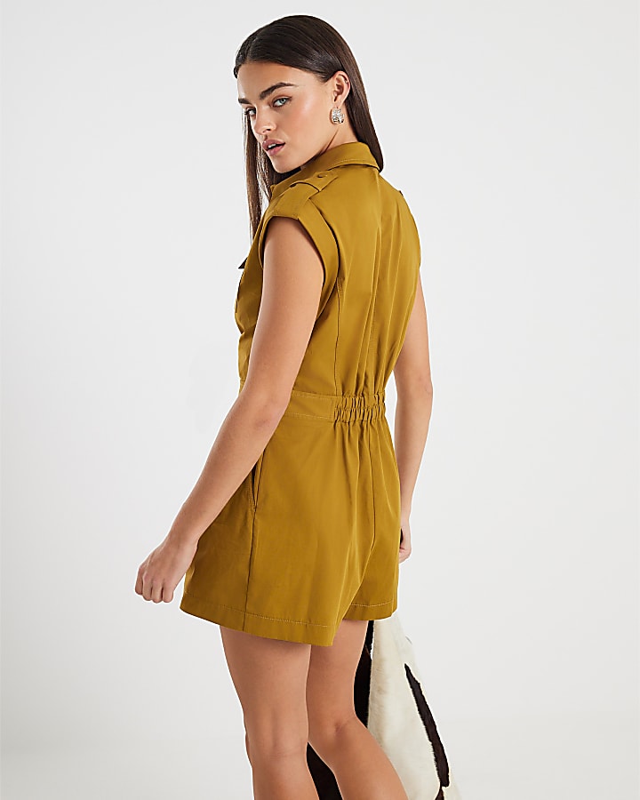 Yellow Short Sleeve Tie Utility Playsuit